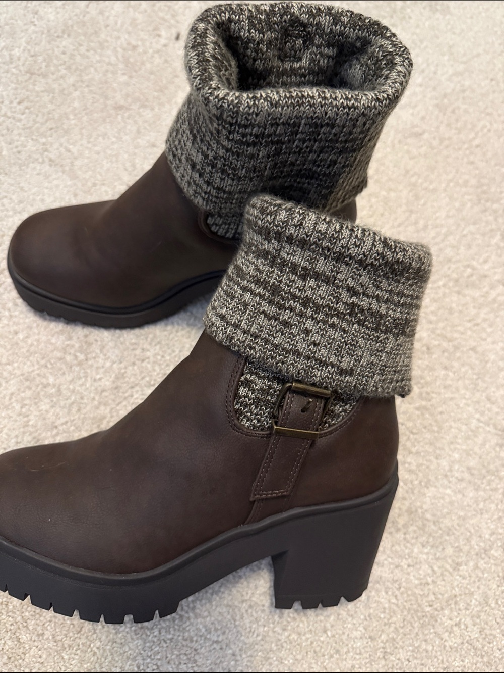 Soda Brown Knit-Cuff Block Heel Ankle Boots